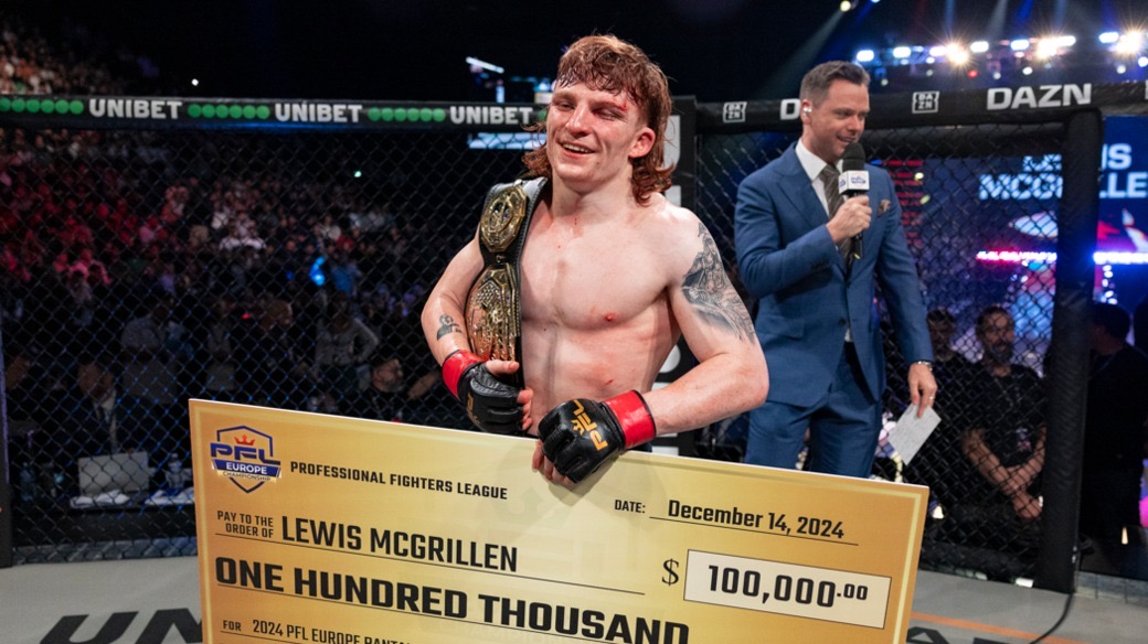 Lewis McGrillen with the PFL Europe belt and $100,000 cheque